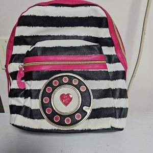 Betsey Johnson- Large- black, white, & pink, telephone motif, back pack purse
